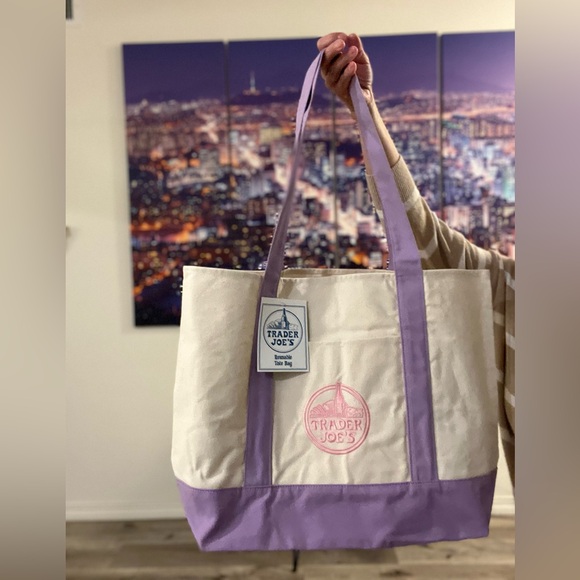 Trader Joe'S Handbags - Trader Joe's Canvas Large Tote Bag in Cream and Lavender